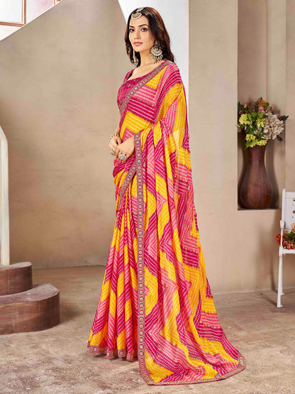 Pink Bandhani Chiffon Embellished Saree