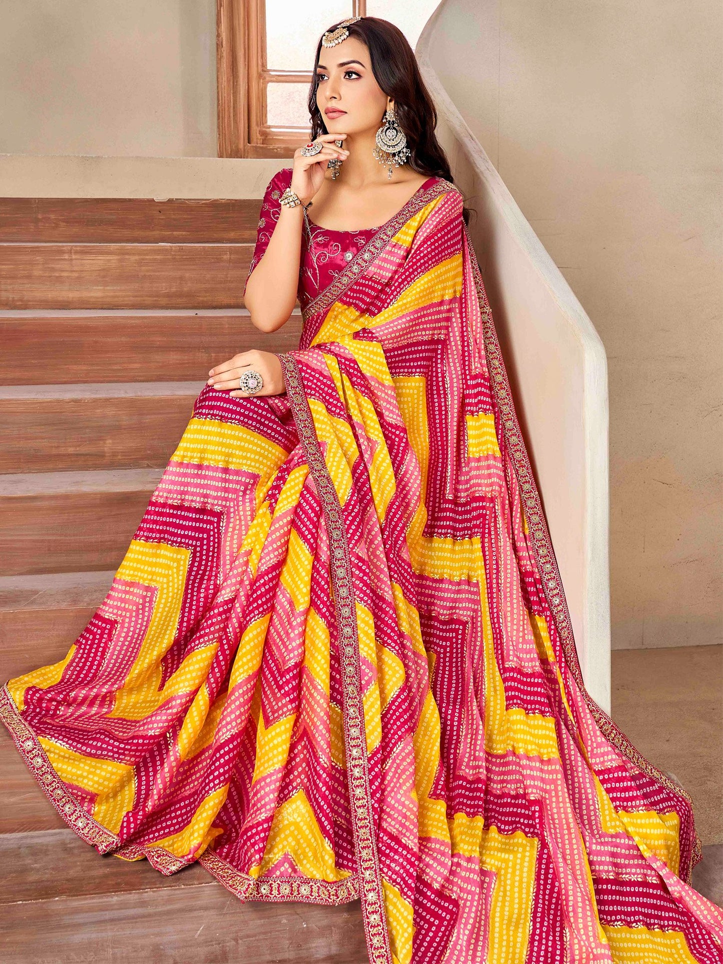 Pink Bandhani Chiffon Embellished Saree