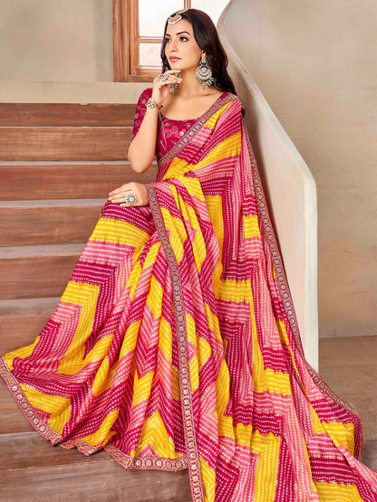 Pink Bandhani Chiffon Embellished Saree