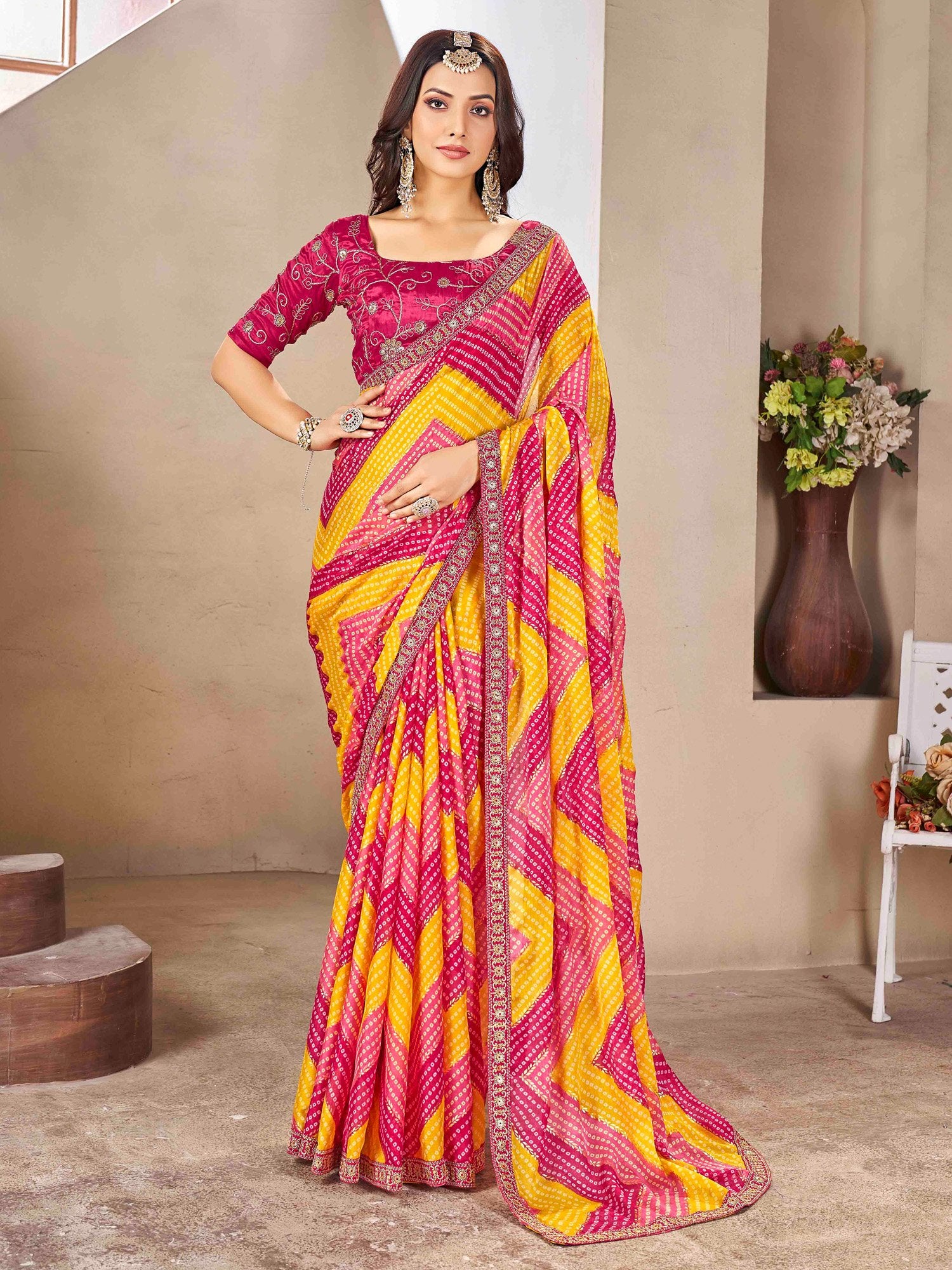 Pink Pink Bandhani Chiffon Embellished Saree