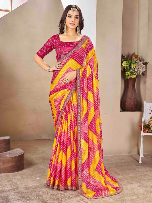 Pink Pink Bandhani Chiffon Embellished Saree