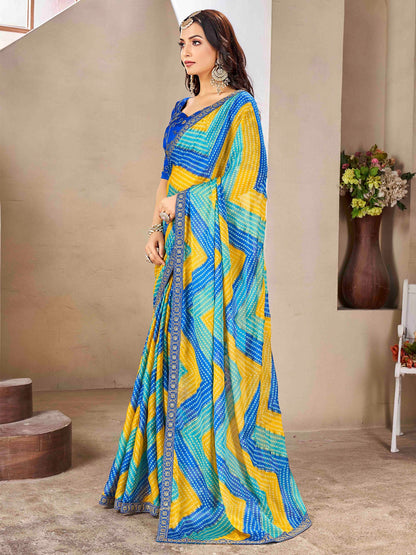 Blue Bandhani Chiffon Embellished Saree