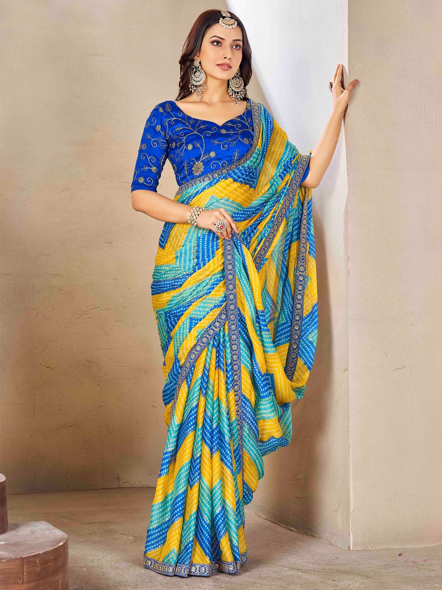 Blue Bandhani Chiffon Embellished Saree