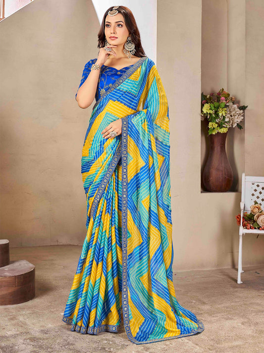 Blue Blue Bandhani Chiffon Embellished Saree