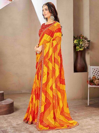 Yellow Bandhani Chiffon Embellished Saree