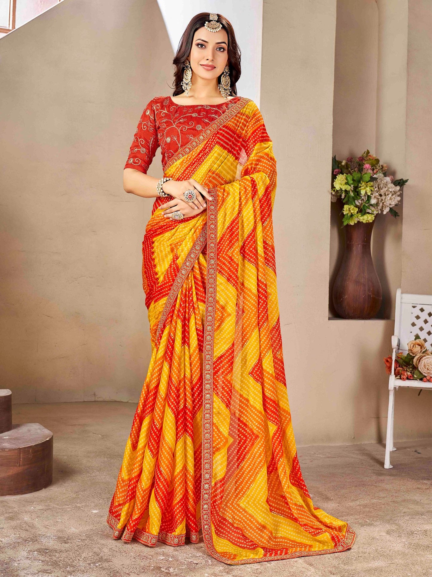 Yellow Yellow Bandhani Chiffon Embellished Saree