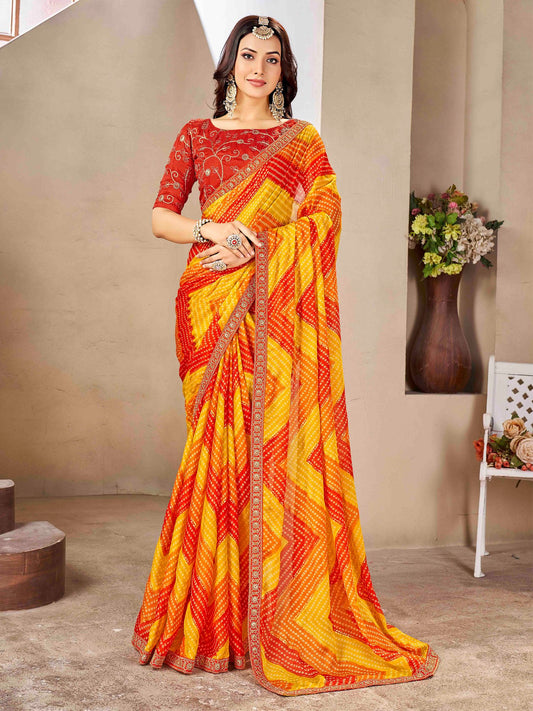 Yellow Yellow Bandhani Chiffon Embellished Saree