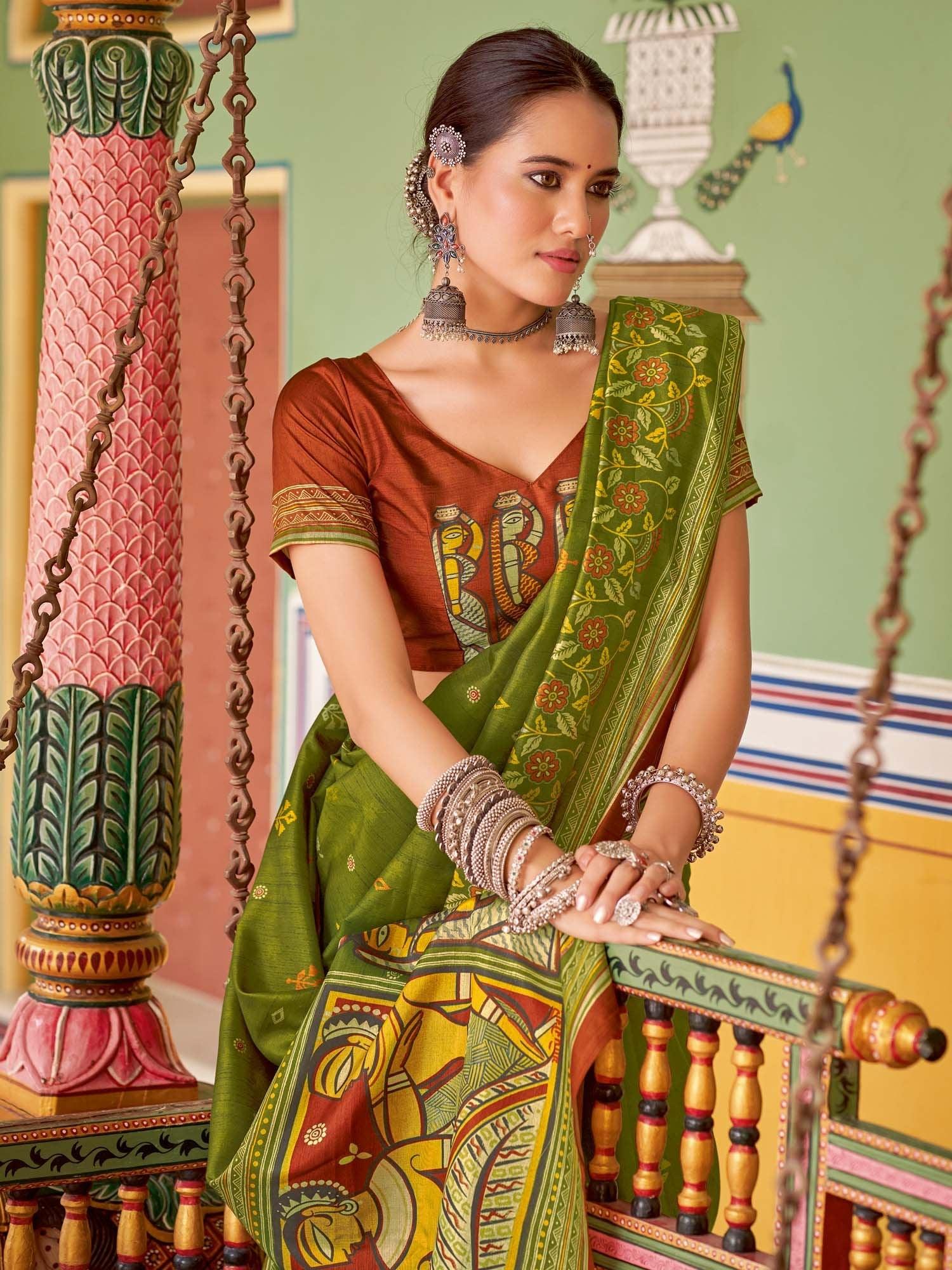 Green Tussar Silk Blend Printed Saree - The Dori Store