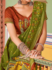 Green Tussar Silk Blend Printed Saree - The Dori Store