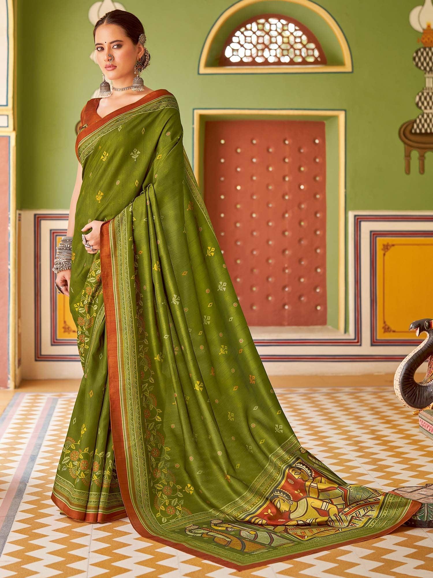 Green Tussar Silk Blend Printed Saree - The Dori Store