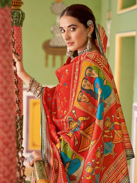 Red Red Tussar Silk Blend Printed Saree