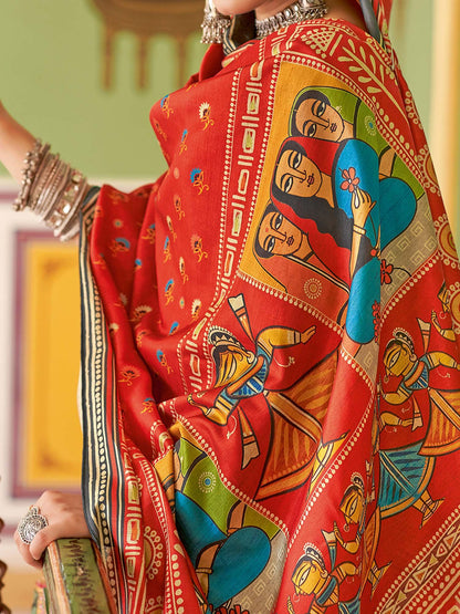 Red Tussar Silk Blend Printed Saree