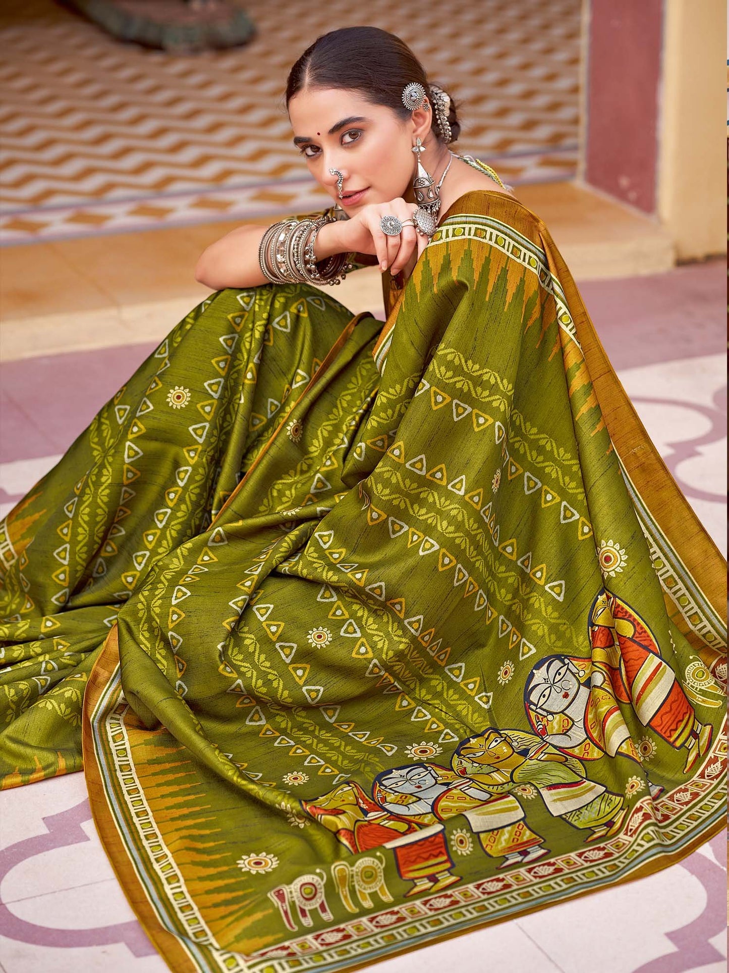 Green Olive Tussar Silk Blend Printed Saree