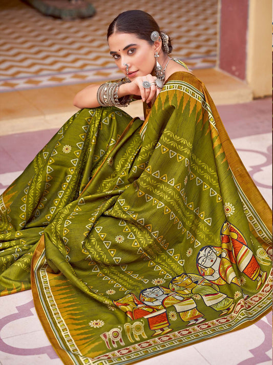 Green Olive Tussar Silk Blend Printed Saree