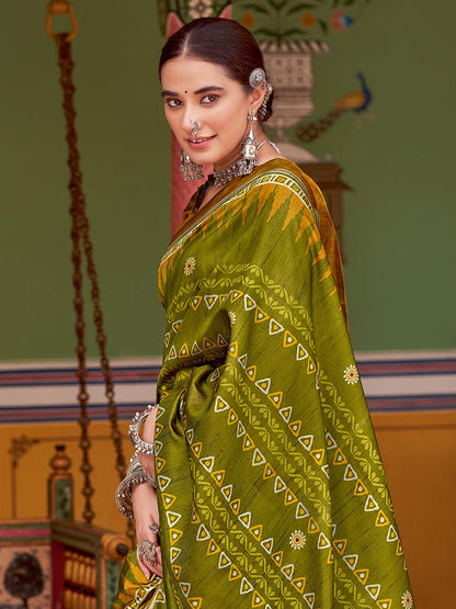 Olive Tussar Silk Blend Printed Saree