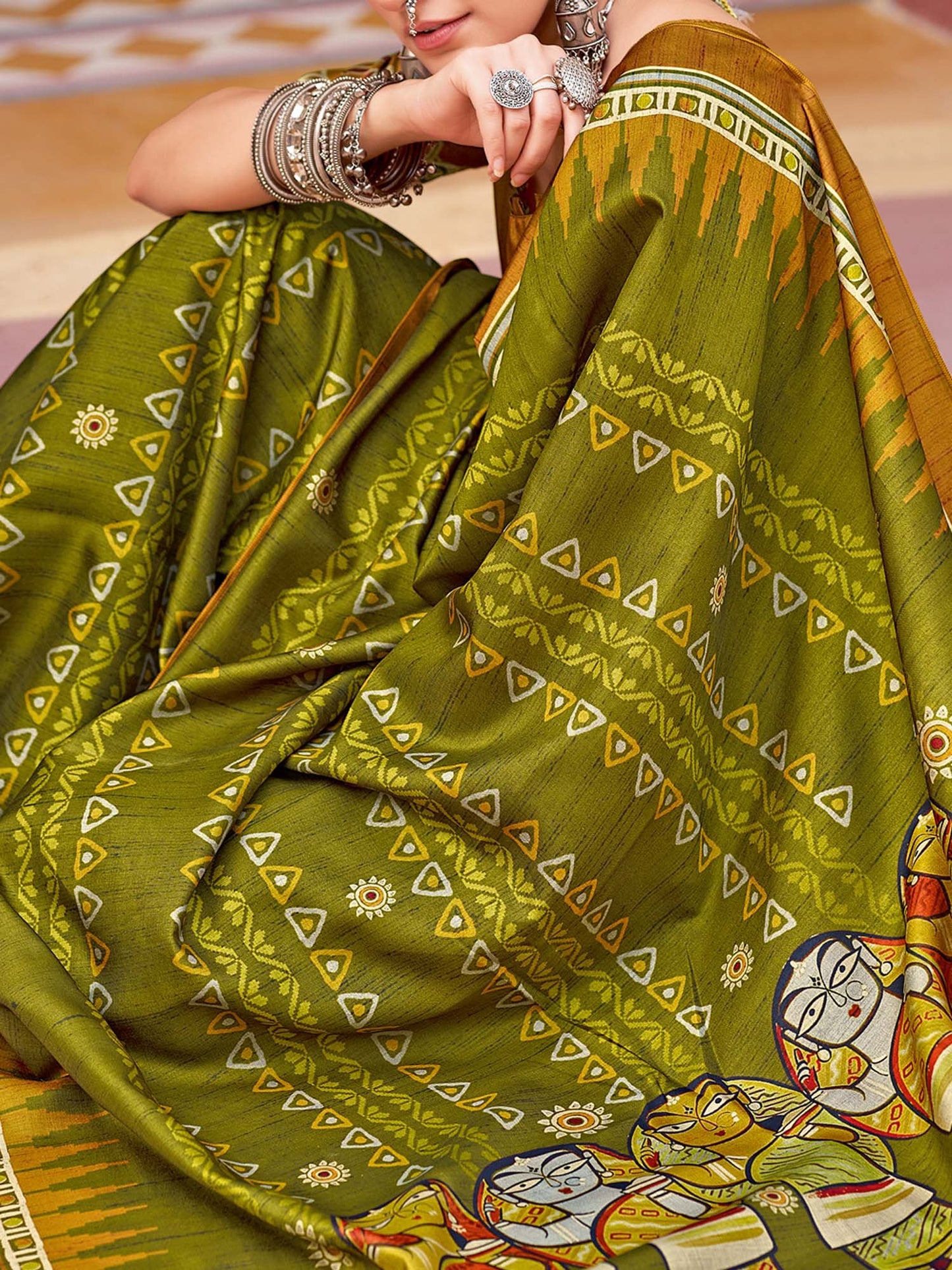 Olive Tussar Silk Blend Printed Saree