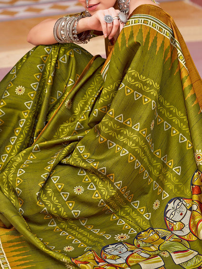 Olive Tussar Silk Blend Printed Saree