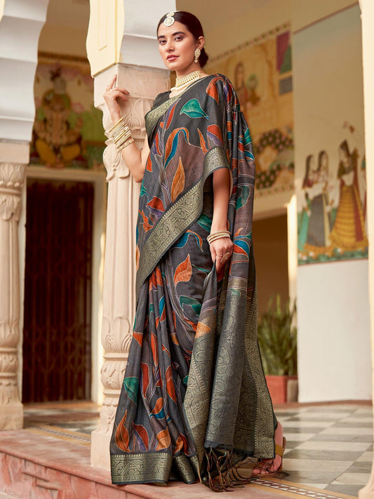 Grey Black Sungudi Poly Silk Woven Saree