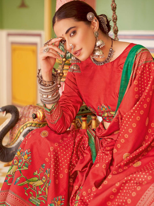 Red Red Tussar Silk Blend Printed Saree