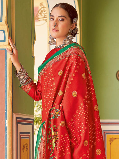 Red Tussar Silk Blend Printed Saree