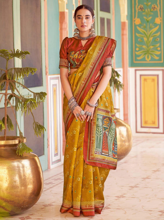 Yellow Mustard Tussar Silk Blend Printed Saree