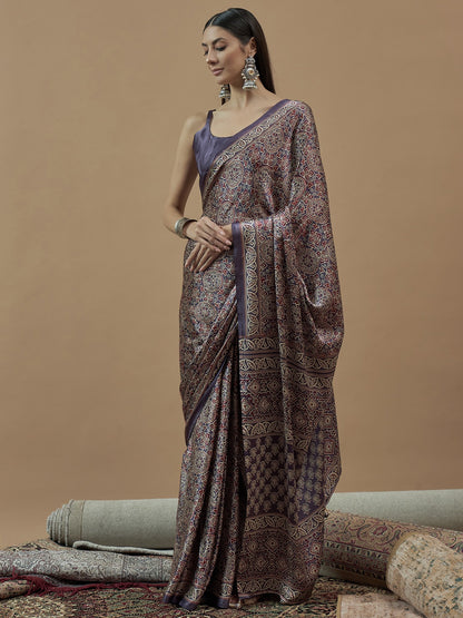 Lavendar Block Print Pure Crepe Printed Saree