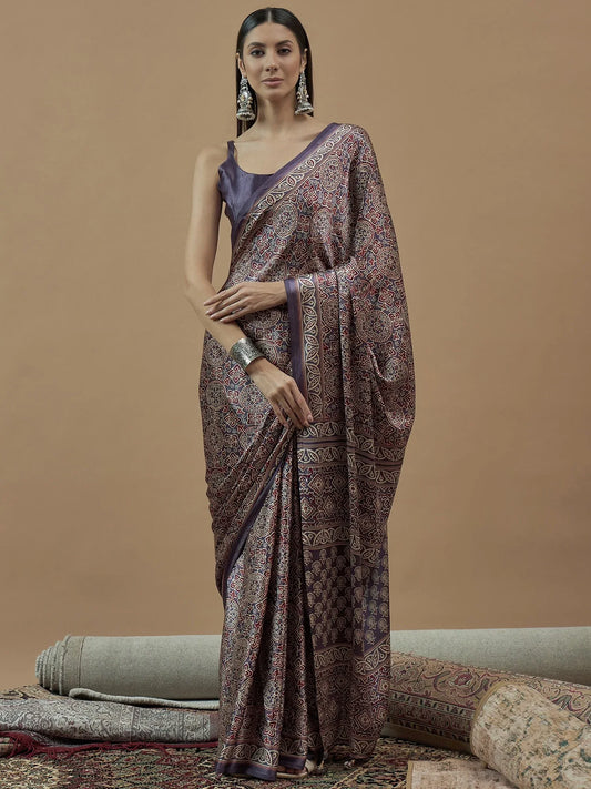 Lavender Lavendar Block Print Pure Crepe Printed Saree