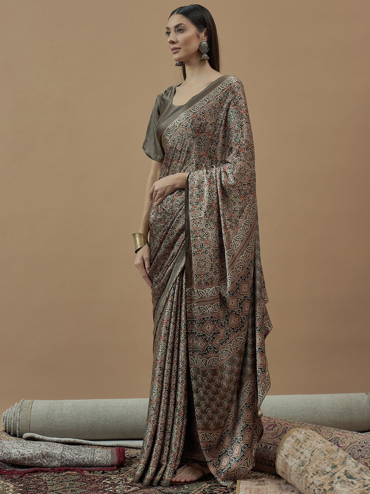 Beige Block Print Pure Crepe Printed Saree
