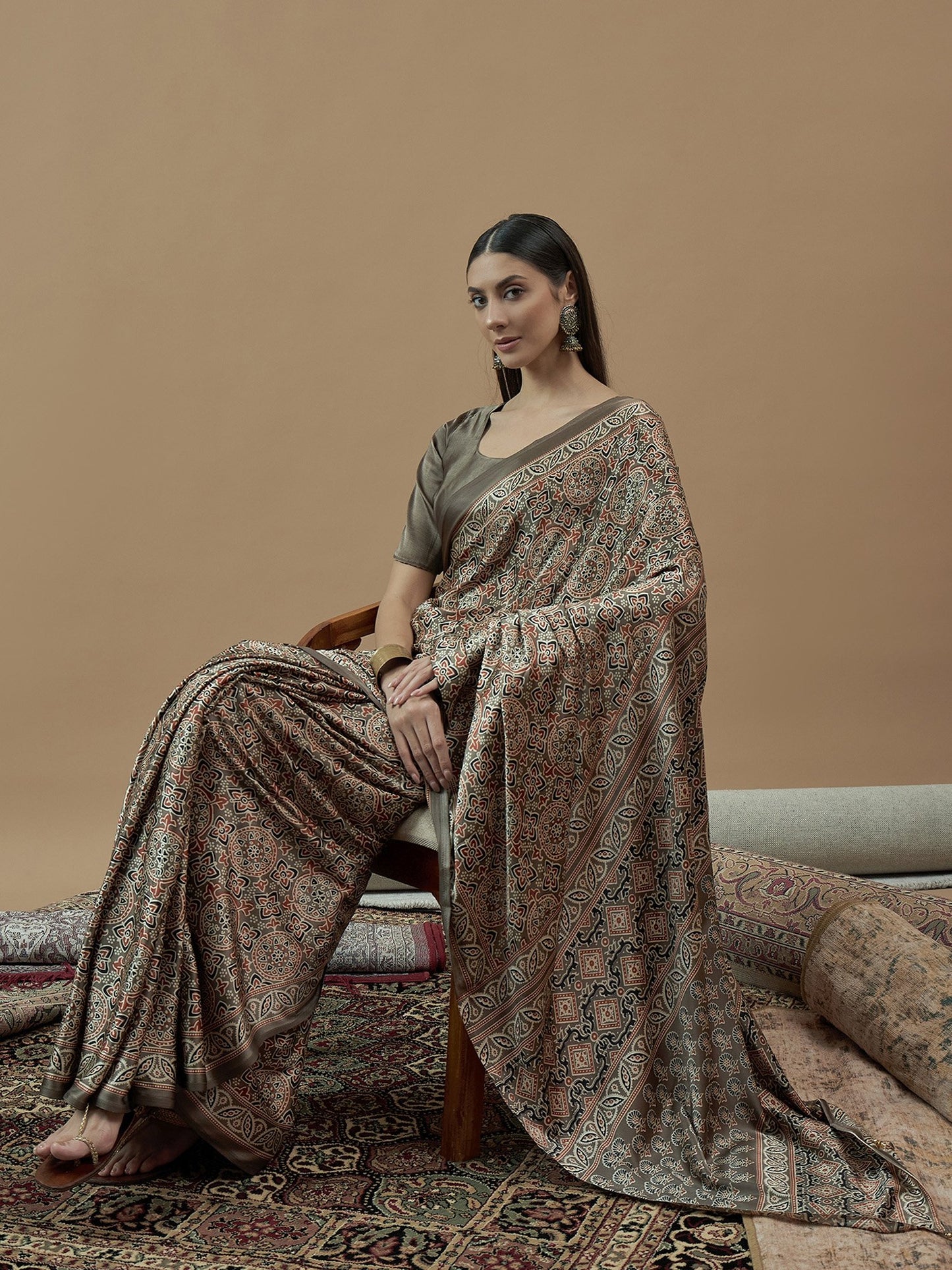 Beige Block Print Pure Crepe Printed Saree