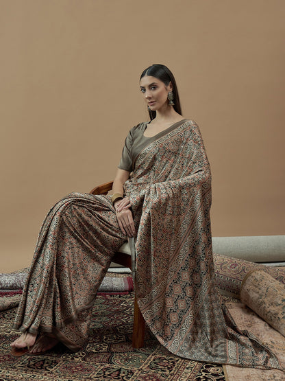 Beige Block Print Pure Crepe Printed Saree
