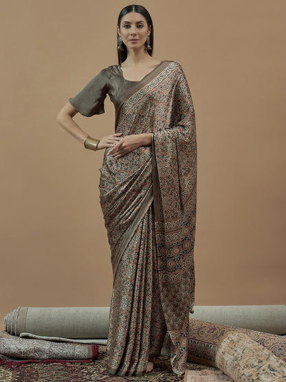 Grey Beige Block Print Pure Crepe Printed Saree