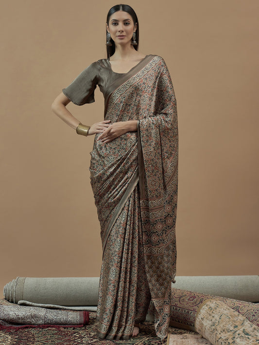 Grey Beige Block Print Pure Crepe Printed Saree