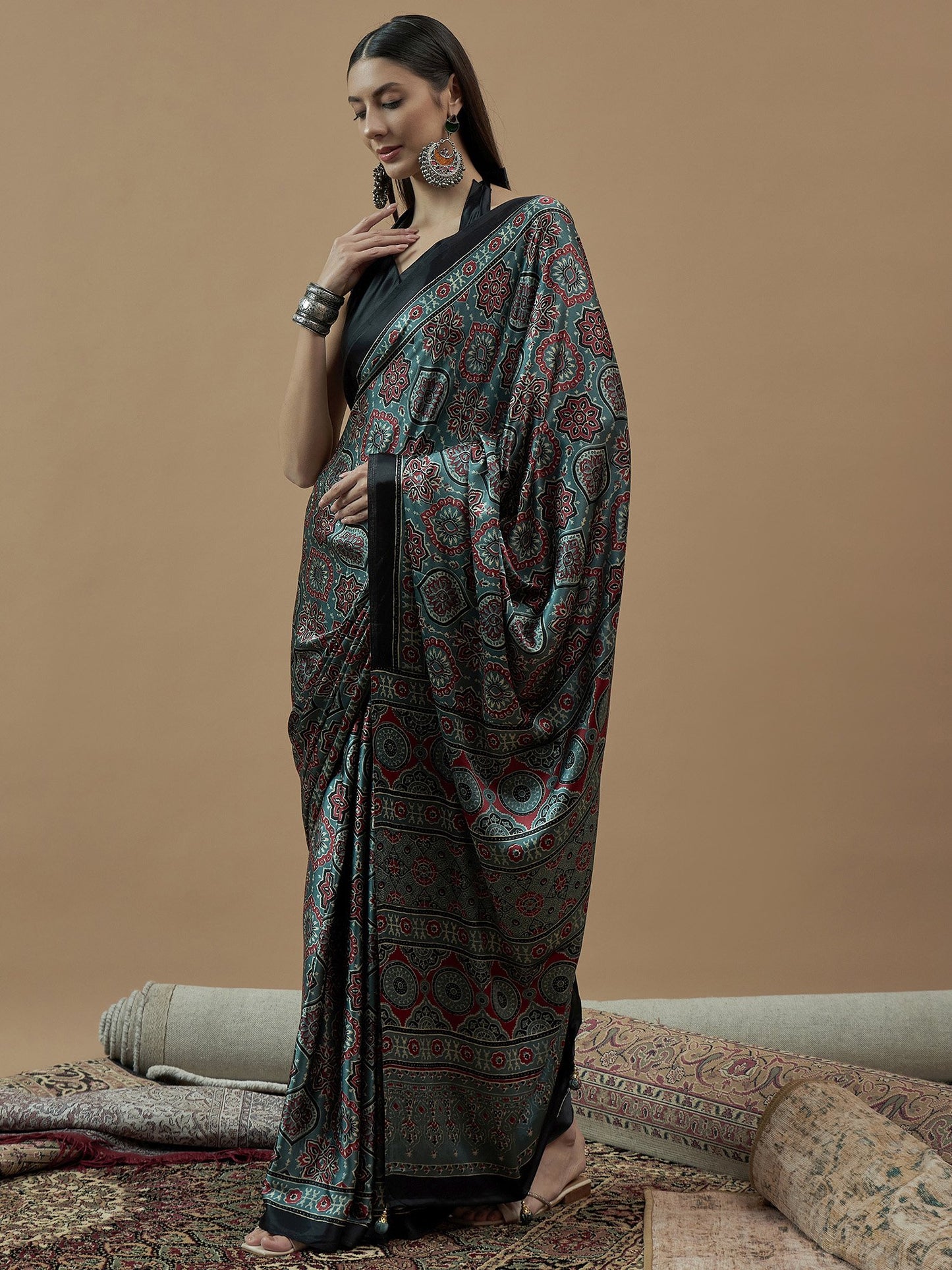 Sea Block Print Pure Crepe Printed Saree