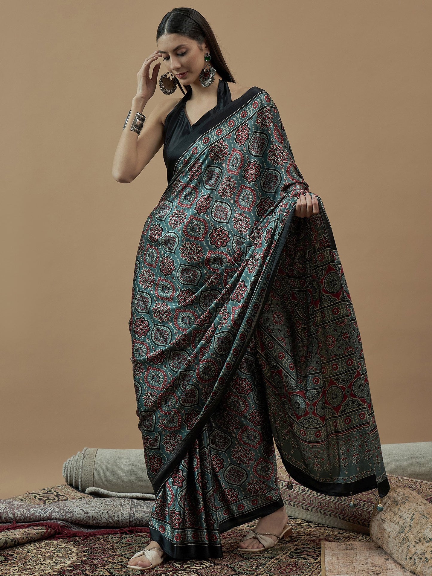 Sea Block Print Pure Crepe Printed Saree