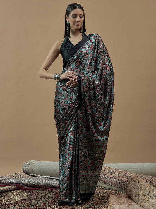 Green Sea Block Print Pure Crepe Printed Saree