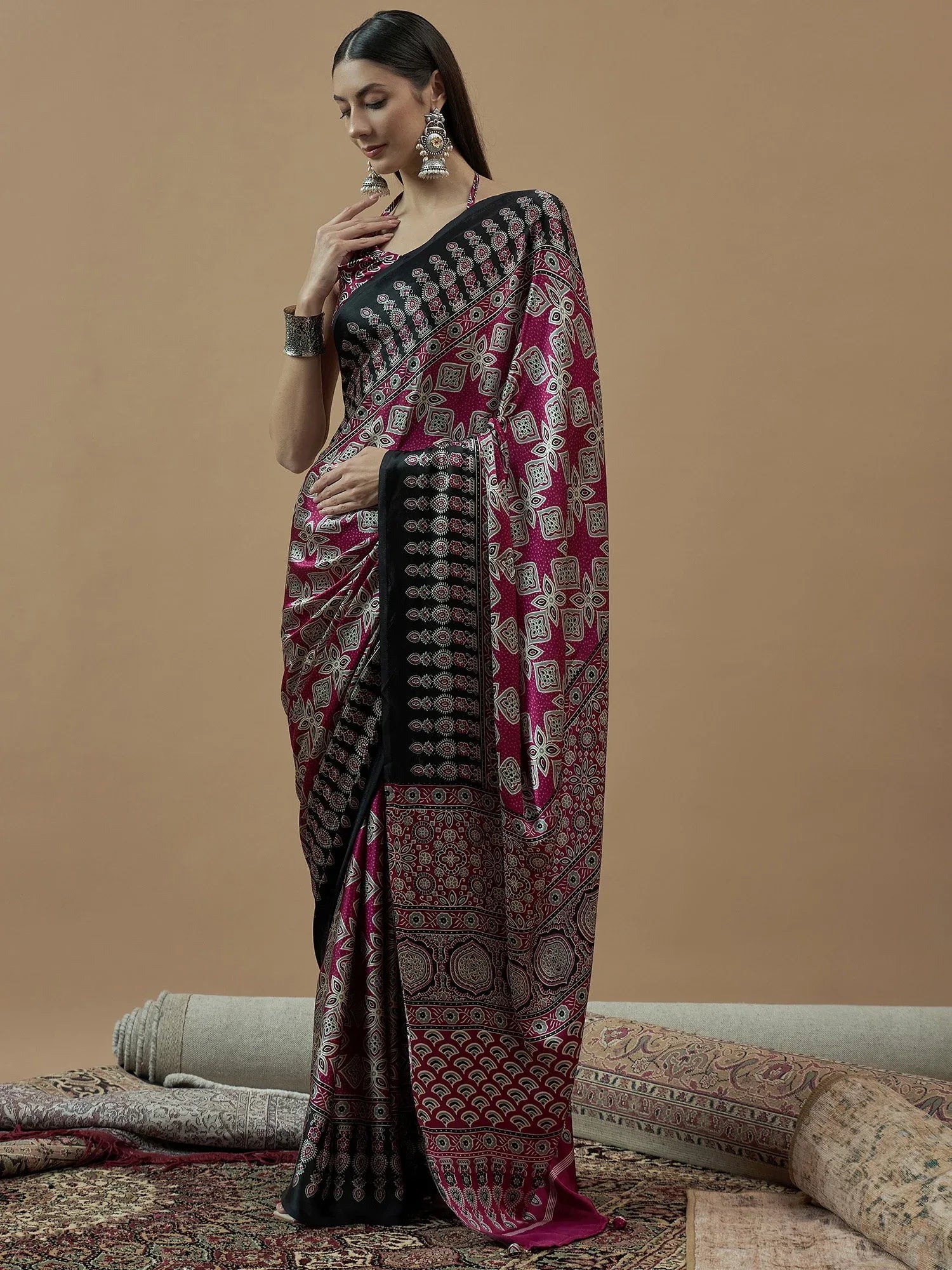 Pink Block Print Pure Crepe Printed Saree