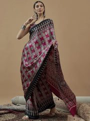 Pink Block Print Pure Crepe Printed Saree
