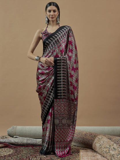 Pink Pink Block Print Pure Crepe Printed Saree