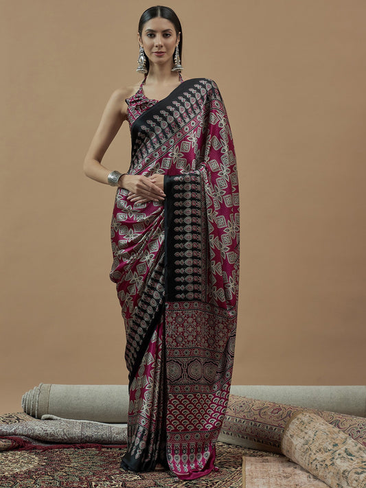 Pink Pink Block Print Pure Crepe Printed Saree
