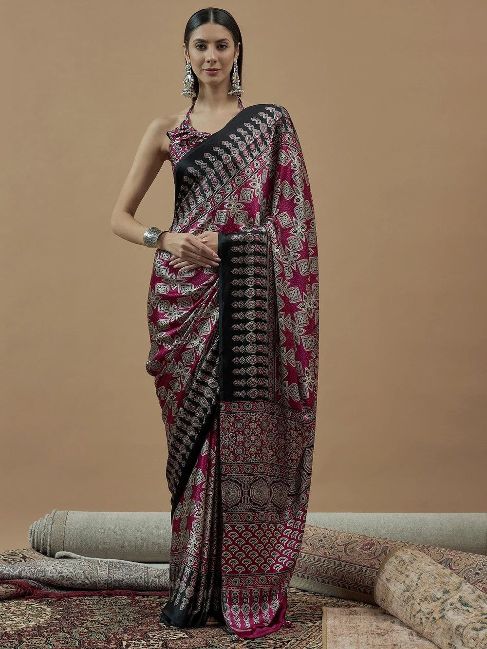 Pink Pink Block Print Pure Crepe Printed Saree