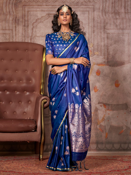 Blue Navy Gadwal Satin Silk Woven Saree