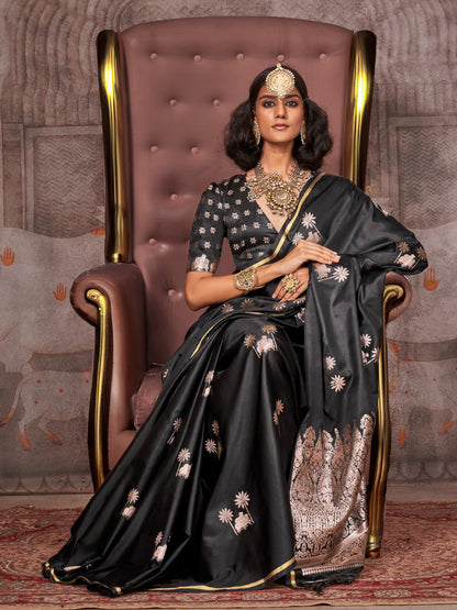 Black Black Gadwal Satin Silk Woven Saree