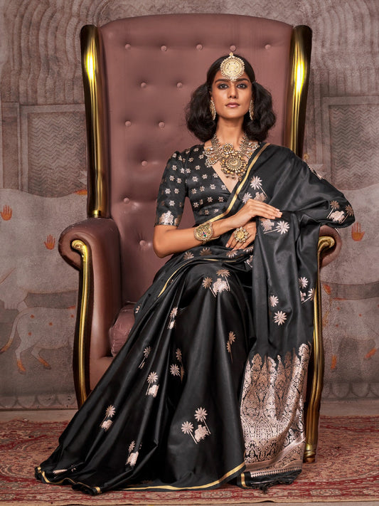 Black Black Gadwal Satin Silk Woven Saree