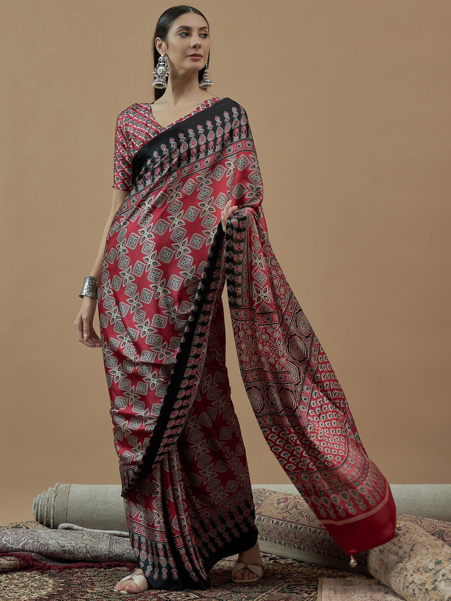 Maroon Block Print Pure Crepe Printed Saree