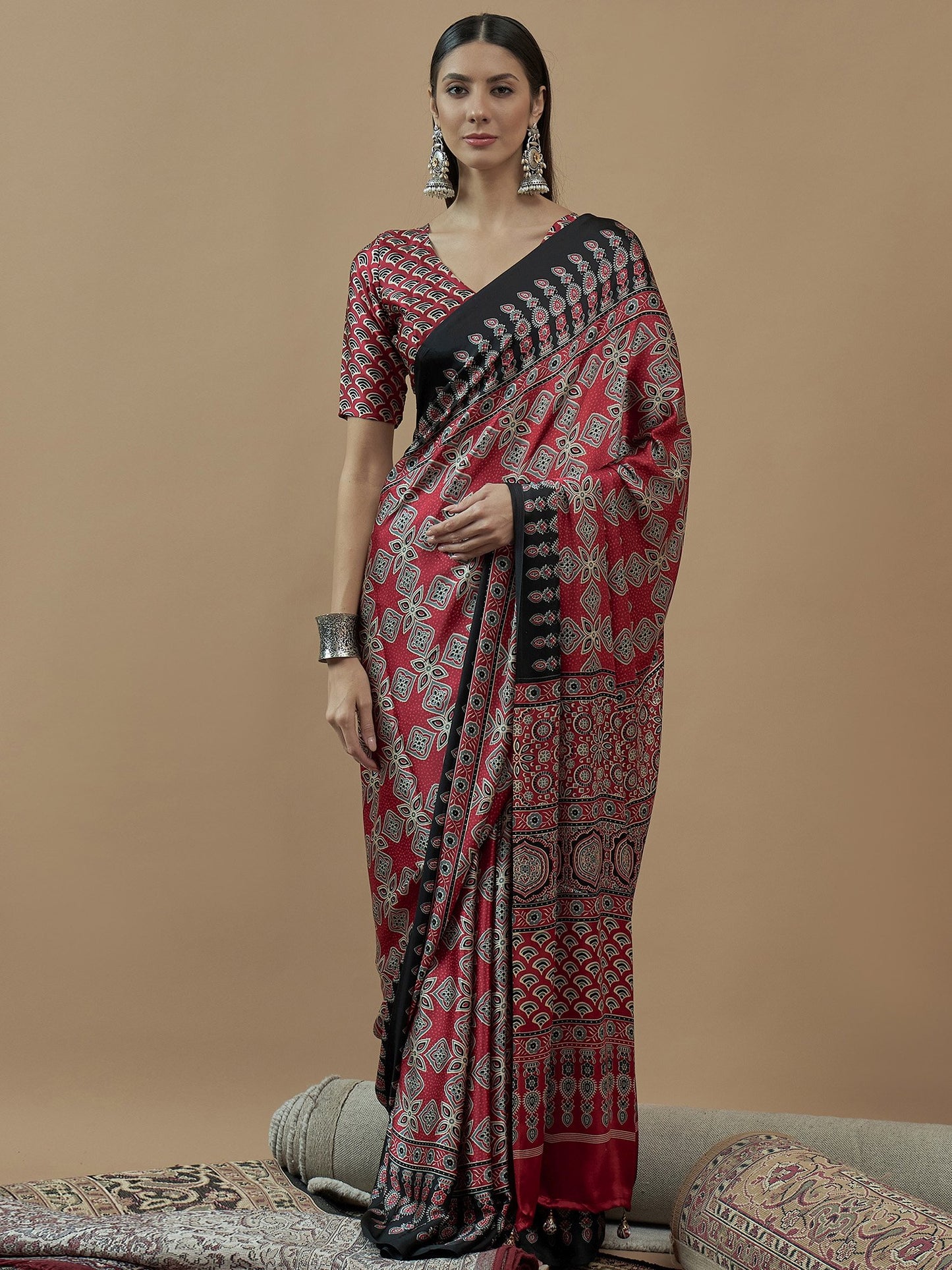 Maroon Block Print Pure Crepe Printed Saree