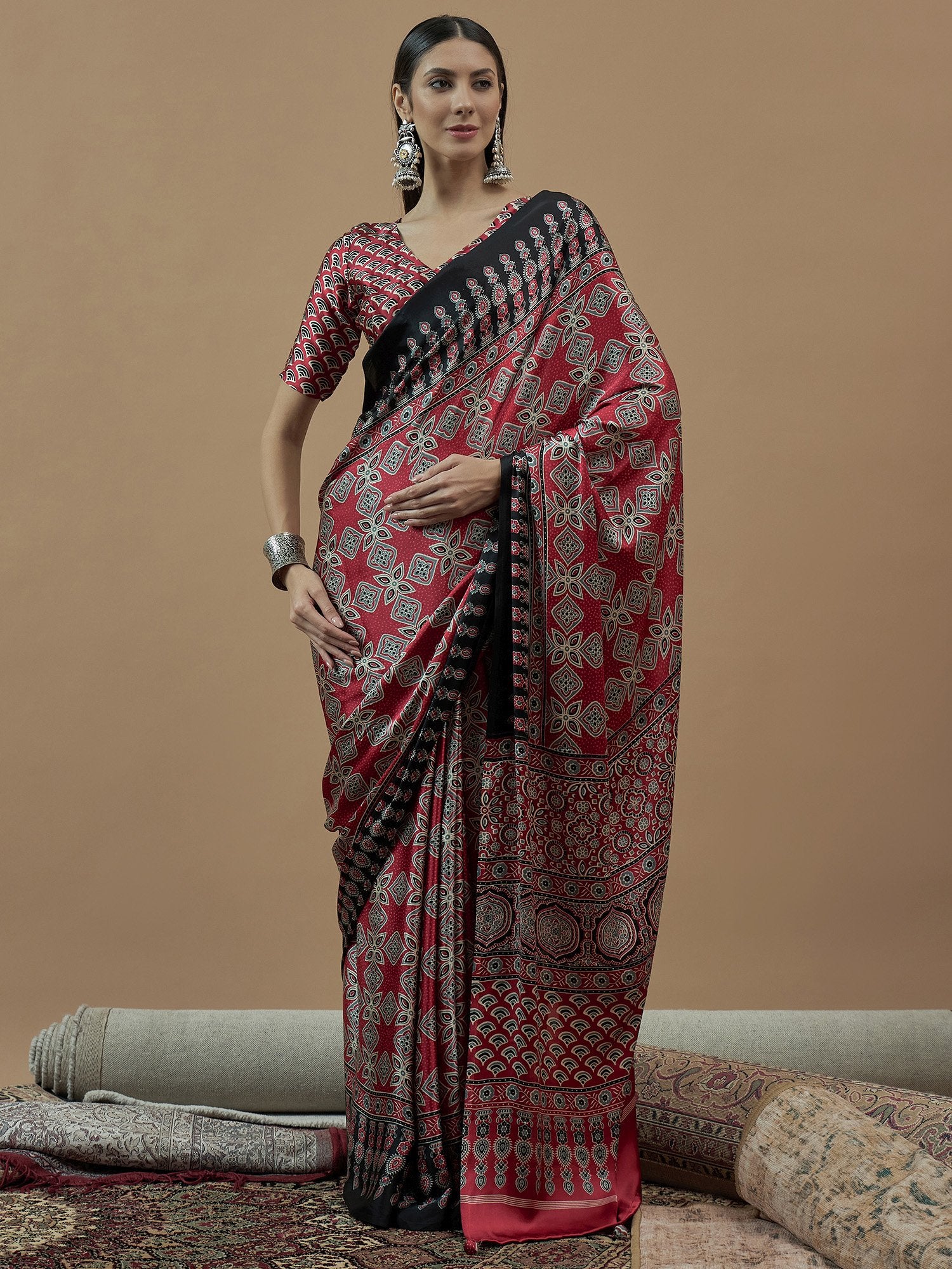 Maroon Maroon Block Print Pure Crepe Printed Saree
