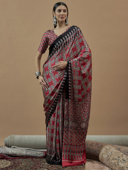 Maroon Maroon Block Print Pure Crepe Printed Saree