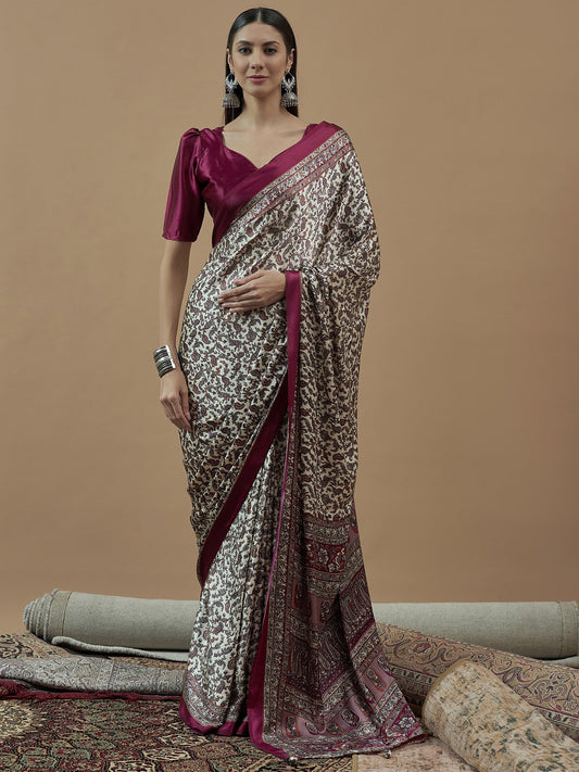 White Off Block Print Pure Crepe Printed Saree