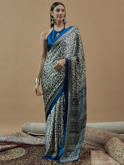 White Off Block Print Pure Crepe Printed Saree