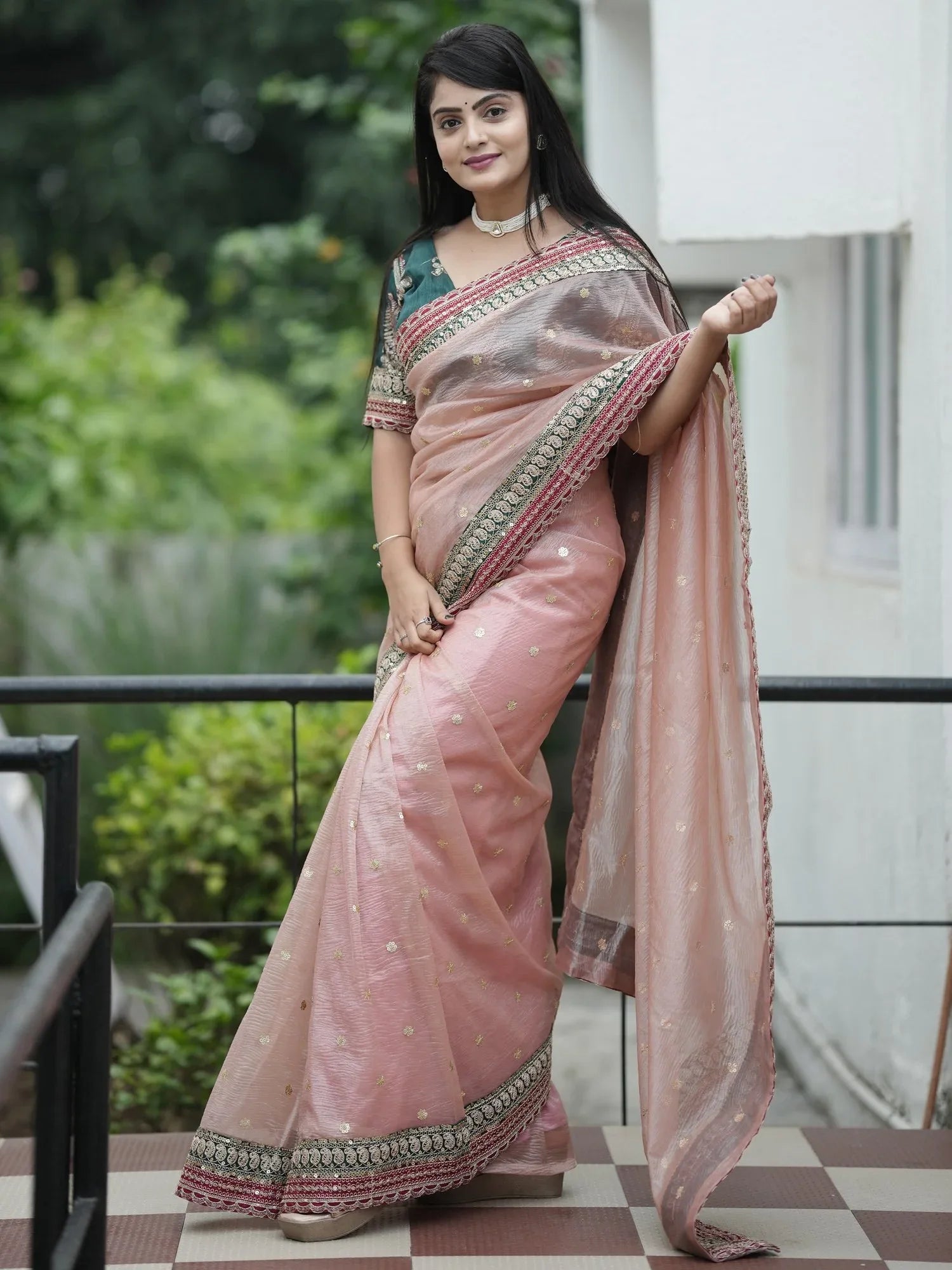 Peach Party Wear Organza Embellished Saree